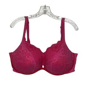 Cacique‎ Plunge Bra Bright Pink Lace Overlay Lightly Lined Underwire Size 44DD